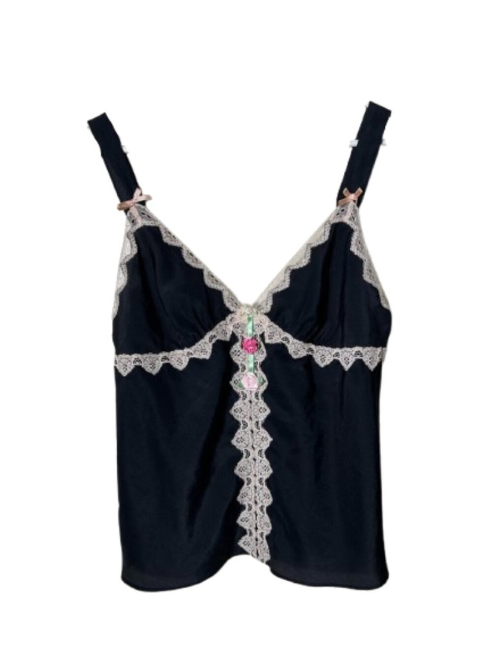 Vintage Betsey Johnson intimates black lace and rosettes tank top L babydoll